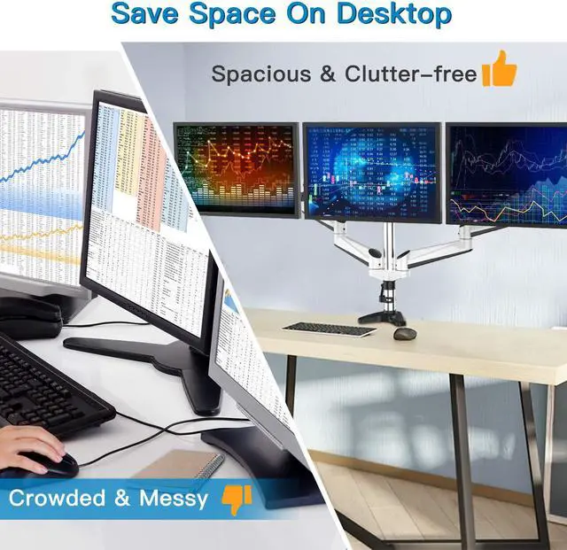 Alt view image 7 of 7 - HUANUO Triple Monitor Stand - Full Motion Articulating Aluminum Gas Spring Monitor Mount Fit Three 17 to 32 inch Flat/Curved LCD Computer Screens with Clamp, Grommet Kit, White