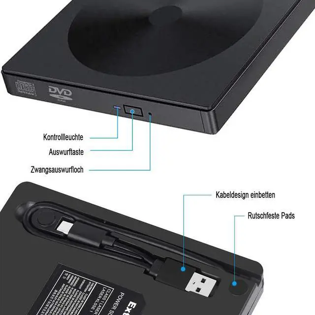 Alt view image 5 of 7 - External DVD CD drive with USB 3.0 and Type-C, TeamTech Portable DVD CD Burner, Plug & Play Superdrive for laptop, desktop, Mac, MacBook, Windows 10/8/7 / XP and Linux (Color: Black)