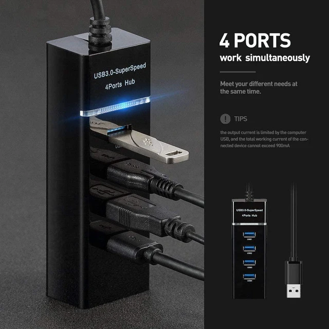 Alt view image 6 of 8 - 4 Port USB 3.0 Hub Splitter - High Speed Multiport Slim USB Hub Adapter with 9.8" USB 3.0 Cable and LED Indicator Portable Mini USB Expander Hub Compatible for MacBook Air/Laptop/Ipad/PC