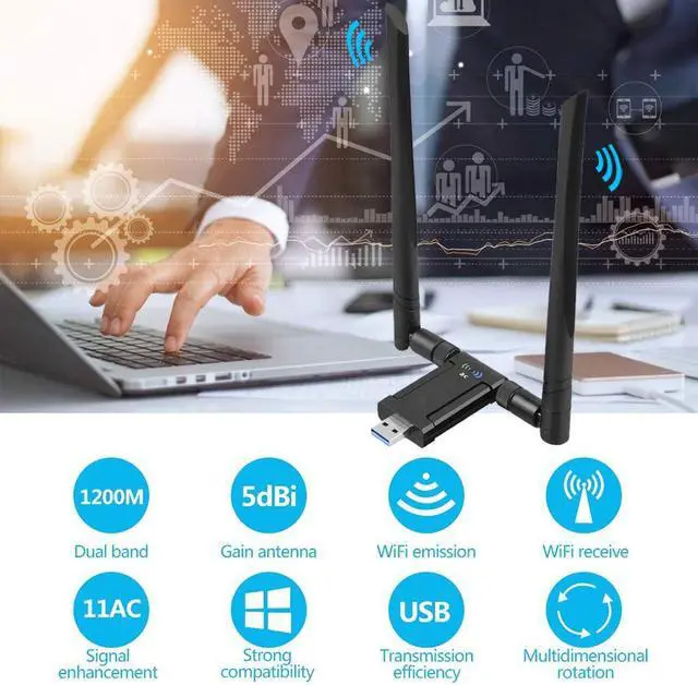 Alt view image 5 of 7 - 1200Mbps WiFi Adapter, Dual Band USB WiFi Dongle (5.8G/867Mbps+2.4G/300Mbps) Network Adapter with USB 3.0 Cradle and Extension Cable for PC Desktop Laptop Support Windows 10/8/7 MacOS