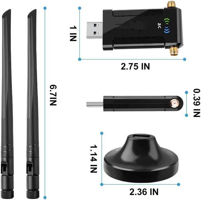 Alt view image 7 of 7 - 1200Mbps WiFi Adapter, Dual Band USB WiFi Dongle (5.8G/867Mbps+2.4G/300Mbps) Network Adapter with USB 3.0 Cradle and Extension Cable for PC Desktop Laptop Support Windows 10/8/7 MacOS