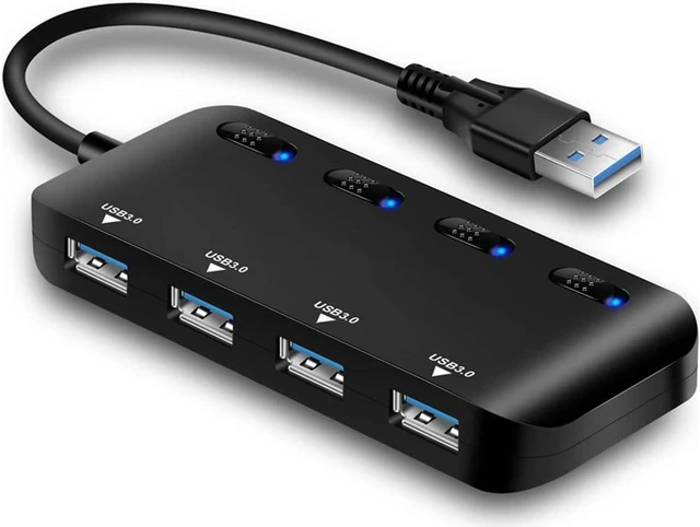 Main image of Powered USB Hub Splitter 3.0-4 Port Black Non Slip USB Data Hub with One Smart Charging Port,Individual On/Off Blue LED Indicator Power Switches Compatible for Mouse/Keyboard/PC/USB Flash/Mobile HDD