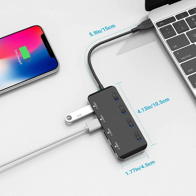 Alt view image 6 of 7 - Powered USB Hub Splitter 3.0-4 Port Black Non Slip USB Data Hub with One Smart Charging Port,Individual On/Off Blue LED Indicator Power Switches Compatible for Mouse/Keyboard/PC/USB Flash/Mobile HDD