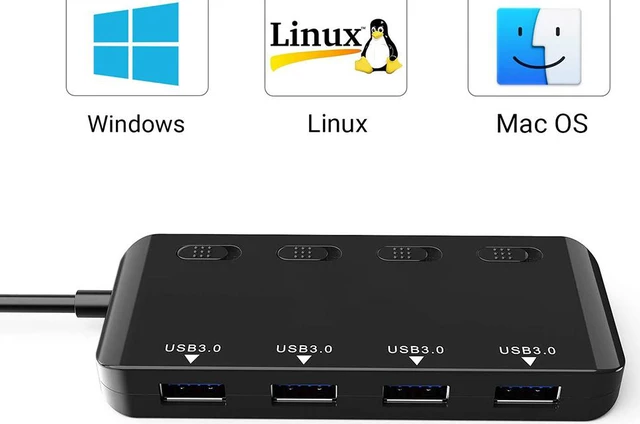 Alt view image 5 of 7 - Powered USB Hub Splitter 3.0-4 Port Black Non Slip USB Data Hub with One Smart Charging Port,Individual On/Off Blue LED Indicator Power Switches Compatible for Mouse/Keyboard/PC/USB Flash/Mobile HDD