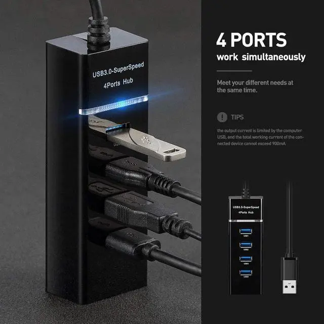 Alt view image 3 of 7 - 4 Ports USB 3.0 Hub Splitter - High Speed Multiport Slim USB Hub Adapter with 9.8" USB 3.0 Cable and LED Indicator Portable Mini USB Expander Hub Compatible for MacBook Air/Laptop/Ipad/PC
