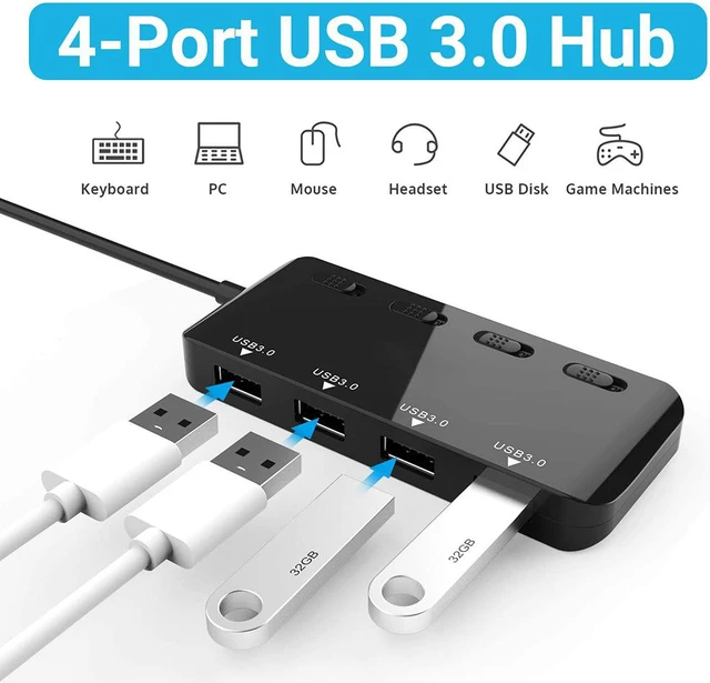 Alt view image 3 of 7 - Powered USB Hub Splitter 3.0-4 Port Black Non Slip USB Data Hub with One Smart Charging Port,Individual On/Off Blue LED Indicator Power Switches Compatible for Mouse/Keyboard/PC/USB Flash/Mobile HDD