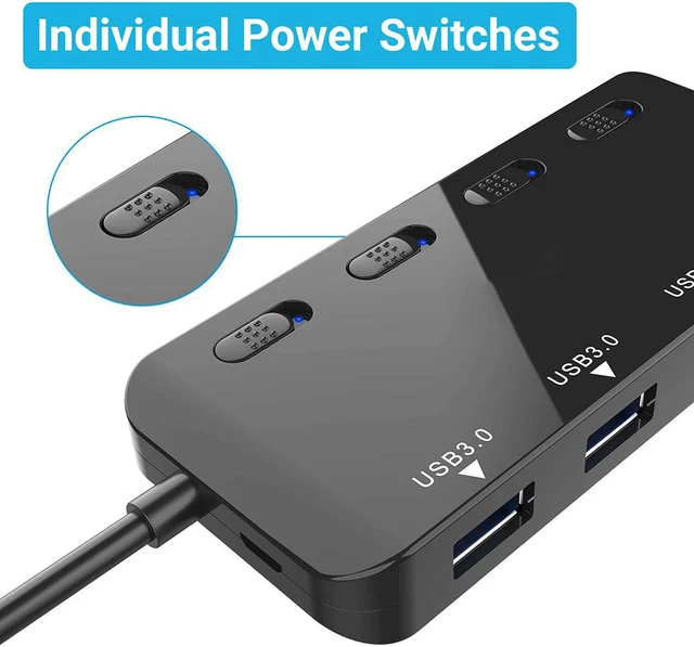 Alt view image 2 of 7 - Powered USB Hub Splitter 3.0-4 Port Black Non Slip USB Data Hub with One Smart Charging Port,Individual On/Off Blue LED Indicator Power Switches Compatible for Mouse/Keyboard/PC/USB Flash/Mobile HDD