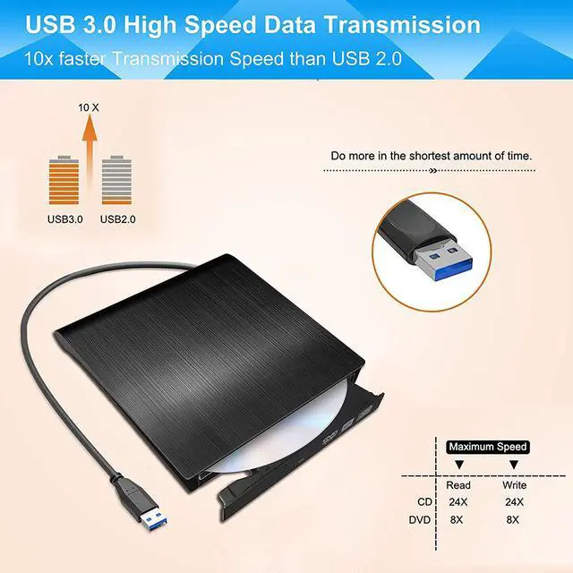 Alt view image 5 of 7 - External DVD Drive, Type C USB 3.0 Portable CD Drive Slim CD DVD ROM Rewriter Burner Superdrive High Speed Data Transfer for Laptop Desktop MacBook PC Windows Linux Os Mac Os (Color: Black)