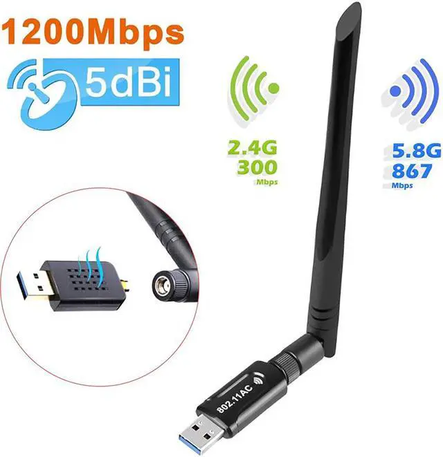 Alt view image 7 of 7 - USB 3.0 Wifi Adapter - AC1200 Dual Band (5.8G/867Mbps + 2.4 G/300Mbps) 802.11ac Wifi Dongle USB 3.0 Wireless Network Adapter for PC Desktop Laptop Tablet