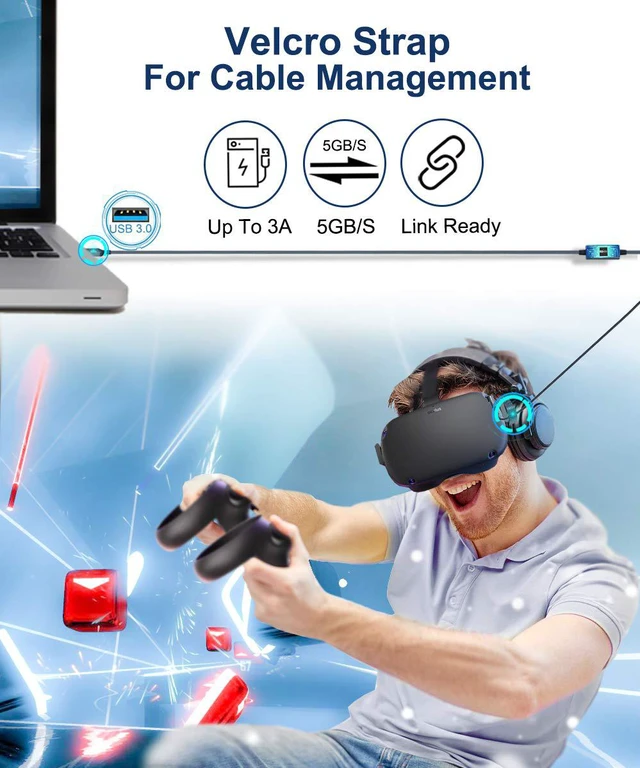 Alt view image 2 of 7 - VR Link Cable 20ft 6M Braided USB Type C to A Cord 90 Degree Angled USB 3.2 Gen1 Data Transfer & Fast Charging Cable for Oculus Quest /Quest 2/Rift S and More Devices with USB C Port
