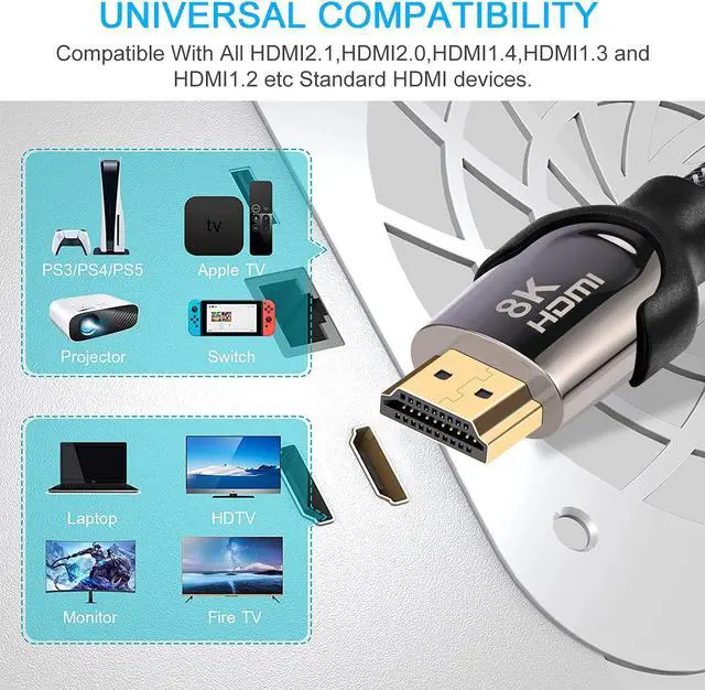 Alt view image 7 of 7 - 8K HDMI 2.1 Cable, 48Gbps Ultra HD Lead High-Speed Cord, Supports 8K@60HZ, 4K@120Hz, eARC HDR10, HDCP 2.2/2.3 Dolby, 3D, VRR, Compatible with Fire TV/Roku TV/PS5/Xbox/Nintendo Switch and More (6.6 ft)