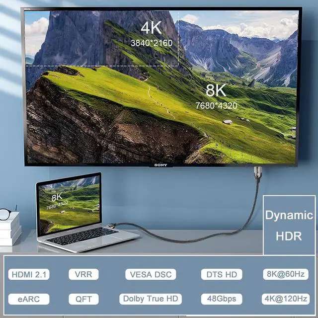 Alt view image 2 of 7 - 8K HDMI 2.1 Cable, 48Gbps Ultra HD Lead High-Speed Cord, Supports 8K@60HZ, 4K@120Hz, eARC HDR10, HDCP 2.2/2.3 Dolby, 3D, VRR, Compatible with Fire TV/Roku TV/PS5/Xbox/Nintendo Switch and More (6.6 ft)