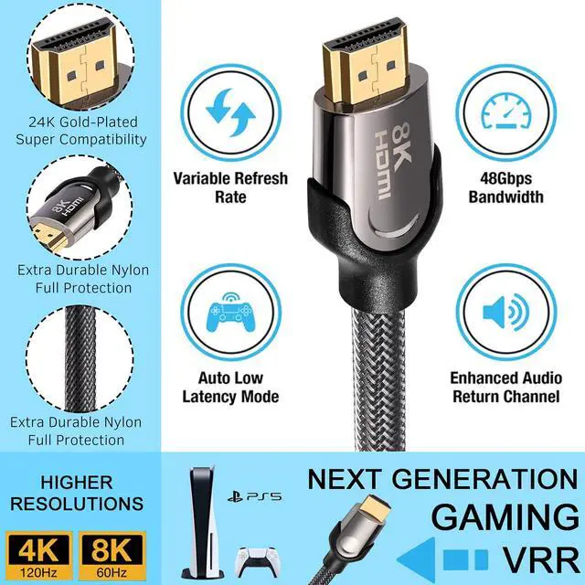 Alt view image 5 of 7 - 8K HDMI 2.1 Cable, 48Gbps Ultra HD Lead High-Speed Cord, Supports 8K@60HZ, 4K@120Hz, eARC HDR10, HDCP 2.2/2.3 Dolby, 3D, VRR, Compatible with Fire TV/Roku TV/PS5/Xbox/Nintendo Switch and More (6.6 ft)