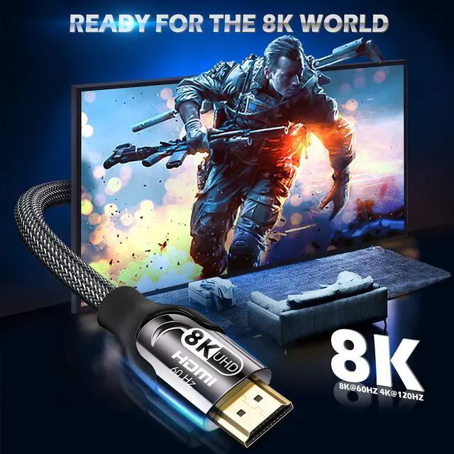 Alt view image 2 of 7 - 8K HDMI 2.1 Cable 6.6 FT/2M, 48Gbps High Speed Braided Cord 8K @60Hz 4K @120Hz HDCP 2.2 2.3 HDR 10 ARC & CL3 Rated Compatible with Monitor, TV, PS5, Xbox