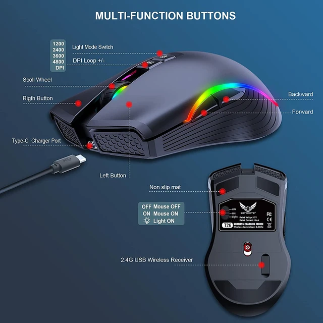 Alt view image 5 of 7 - Rechargeable Wireless Gaming Mouse, RGB LED Backlit Mouse with 4 Adjustable DPI, 7 Button, 2.4G USB Optical Gaming Ergonomic Computer Mice for Laptop PC Gamer Computer Desktop (Black)
