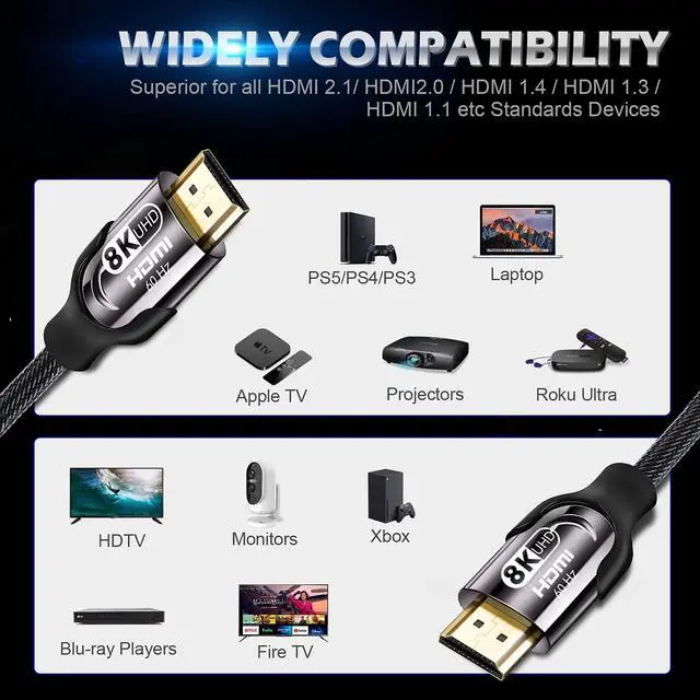 Alt view image 5 of 7 - 8K HDMI 2.1 Cable 6.6 FT/2M, 48Gbps High Speed Braided Cord 8K @60Hz 4K @120Hz HDCP 2.2 2.3 HDR 10 ARC & CL3 Rated Compatible with Monitor, TV, PS5, Xbox