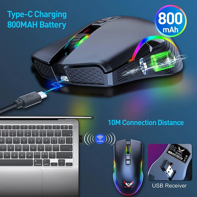 Alt view image 2 of 7 - Rechargeable Wireless Gaming Mouse, RGB LED Backlit Mouse with 4 Adjustable DPI, 7 Button, 2.4G USB Optical Gaming Ergonomic Computer Mice for Laptop PC Gamer Computer Desktop (Black)