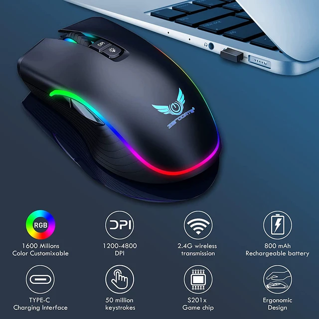 Alt view image 7 of 7 - Rechargeable Wireless Gaming Mouse, RGB LED Backlit Mouse with 4 Adjustable DPI, 7 Button, 2.4G USB Optical Gaming Ergonomic Computer Mice for Laptop PC Gamer Computer Desktop (Black)