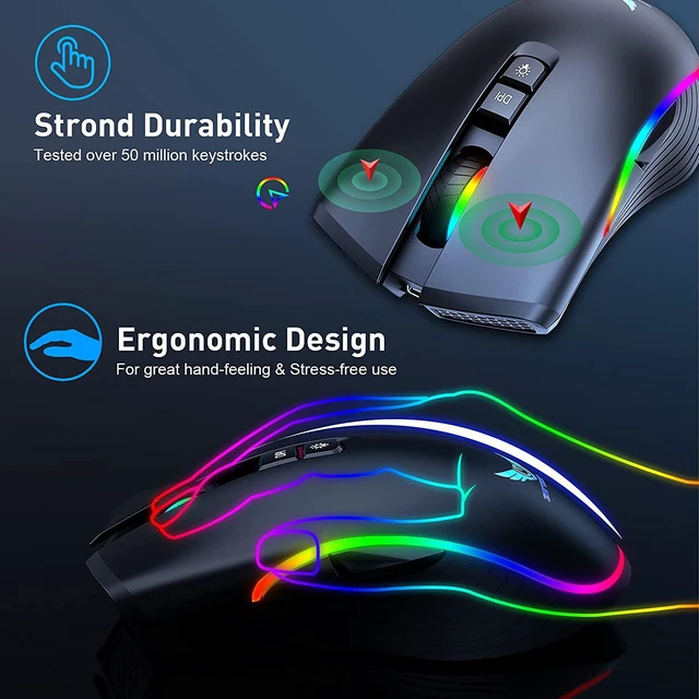 Alt view image 6 of 7 - Rechargeable Wireless Gaming Mouse, RGB LED Backlit Mouse with 4 Adjustable DPI, 7 Button, 2.4G USB Optical Gaming Ergonomic Computer Mice for Laptop PC Gamer Computer Desktop (Black)