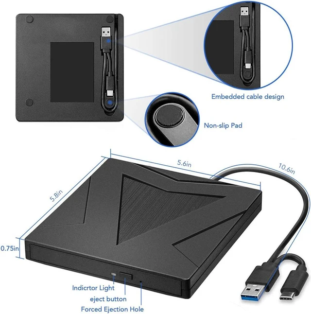 Alt view image 6 of 7 - External CD DVD Drive USB Type C USB 3.0, Portable CD DVD +/-RW Drive Slim DVD/CD ROM Rewriter Burner Writer Compatible with Laptop Desktop PC Windows Linux OS Apple Mac (BLACK)