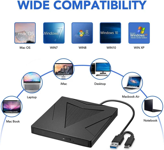 Alt view image 7 of 7 - External CD DVD Drive USB Type C USB 3.0, Portable CD DVD +/-RW Drive Slim DVD/CD ROM Rewriter Burner Writer Compatible with Laptop Desktop PC Windows Linux OS Apple Mac (BLACK)