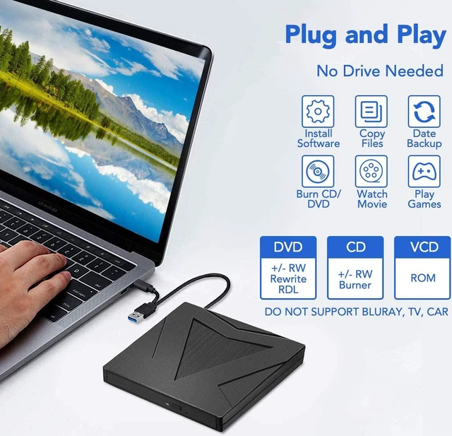 Alt view image 2 of 7 - External CD DVD Drive USB Type C USB 3.0, Portable CD DVD +/-RW Drive Slim DVD/CD ROM Rewriter Burner Writer Compatible with Laptop Desktop PC Windows Linux OS Apple Mac (BLACK)