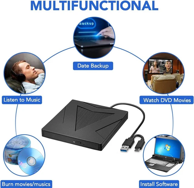 Alt view image 4 of 7 - External CD DVD Drive USB Type C USB 3.0, Portable CD DVD +/-RW Drive Slim DVD/CD ROM Rewriter Burner Writer Compatible with Laptop Desktop PC Windows Linux OS Apple Mac (BLACK)
