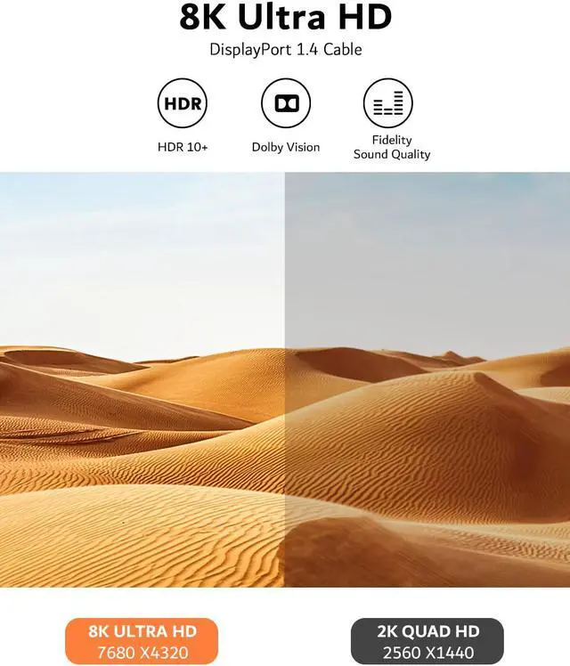 Alt view image 6 of 7 - 8K DisplayPort Cable 1.4, 8K DP Cable 10ft / 3M (8K@60Hz, 4K@144Hz, 2K@165Hz), Support FreeSync G-Sync, Nylon Braided 32.4Gbps Ultra High Speed DisplayPort Cable for PC, Monitor, TV etc. giyqxHw
