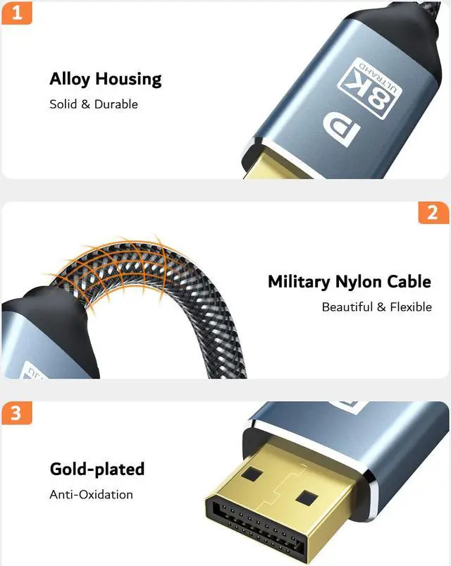 Alt view image 4 of 7 - 8K DisplayPort Cable 1.4, 8K DP Cable 10ft / 3M (8K@60Hz, 4K@144Hz, 2K@165Hz), Support FreeSync G-Sync, Nylon Braided 32.4Gbps Ultra High Speed DisplayPort Cable for PC, Monitor, TV etc. giyqxHw