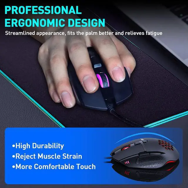Alt view image 4 of 7 - USB Wired Gaming Mouse, 6 Level DPI up to 7200, 6 Programmable Buttons, Ergonomic and Lightweight Computer Mouse with High Precision Sensor for Windows PC & Laptop Gamers (Black)
