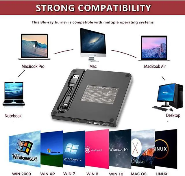 Alt view image 6 of 7 - External Blu ray CD DVD Drive, BD Player Read/Write Portable Blu-ray CD/DVD Drive Burner USB 3.0 and Type-C 3D Bluray DVD Drive Compatible with/Win10/ Mac OS External blu-ray Drives blu ray Burner