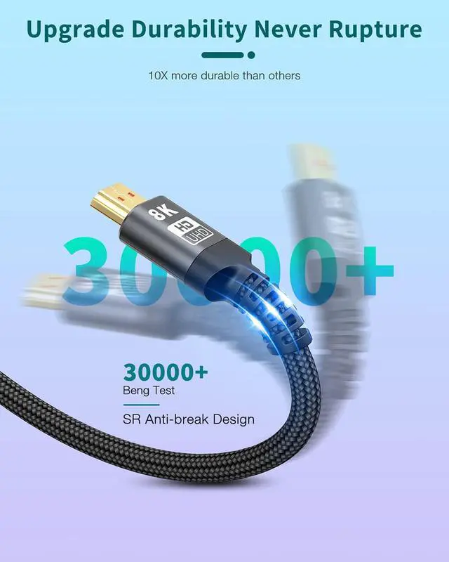 Alt view image 3 of 7 - 8K HDMI Cable 6.6ft / 2M, 48Gbps Ultra High Speed 2.1 HDMI Cord (8K @60HZ, 4K @120HZ, 2K @240HZ)12Bit, eARC, HDCP 2.2/2.3, Dynamic HDR, QFT VRR Compatible with Latest game console/Roku TV/HDTV/Blu-ray