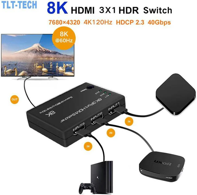 Alt view image 2 of 7 - 8K HDMI 2.1 3x1 HDMI Switcher for Computer Laptop 8K @60Hz 3 in 1 out HD 2160P Display HDMI Switch Spliter HDR 48Gbps HDCP2.3 for PS-5 XBOX Series X