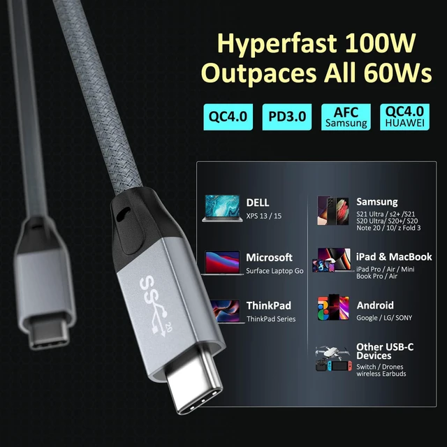 Alt view image 2 of 7 - USB C to USB C Cable 3.3ft/1M, USB C 3.2 Gen 2 with with E-marker 4K Video Monitor Cable, 20Gbps Data Transfer and 100W PD Fast Charger Cord Thunderbolt 3 Compatible with Mac-Book Pro, Galaxy S21