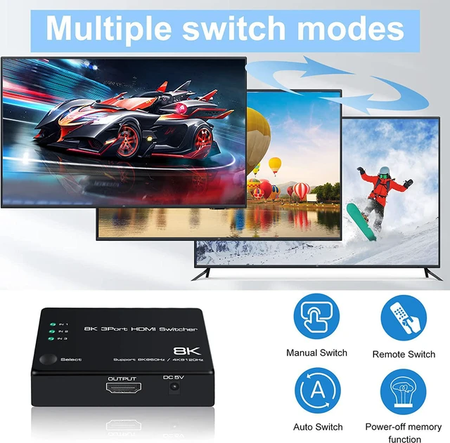 Alt view image 4 of 7 - 4K @120Hz 8K @60Hz HDMI 2.1 Switch 3x1, 8K 40Gbps HDMI Switch 3 in 1 Out, 8K UHD Signal Switcher, Supports HDR HDCP2.3 for Fire Stick, HDTV, PS4/5, Game Consoles with Remote Control