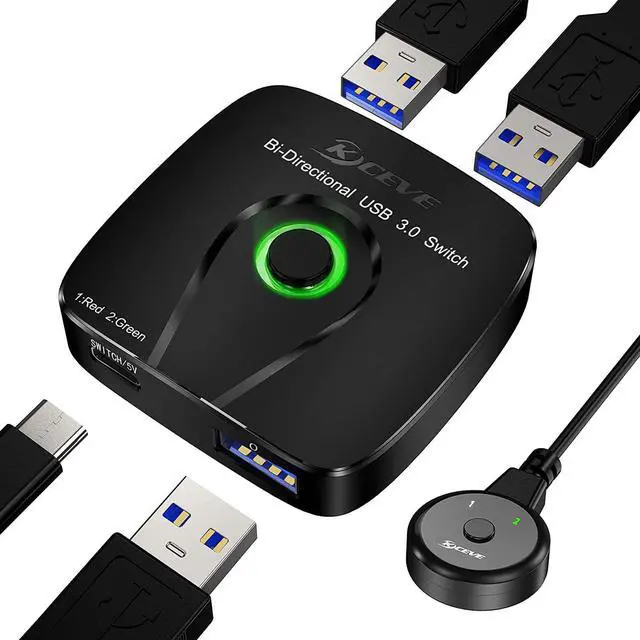 Main image of Bi-directional USB 3.0 Switch Selector, USB Switcher 2 in 1 Out/1 in 2 Out for 2 Computers Share Printer Mouse Keyboard Webcam, with Wired Remote and 2 USB3.0 Cables (Black)