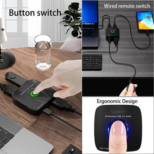 Alt view image 4 of 7 - Bi-directional USB 3.0 Switch Selector, USB Switcher 2 in 1 Out/1 in 2 Out for 2 Computers Share Printer Mouse Keyboard Webcam, with Wired Remote and 2 USB3.0 Cables (Black)