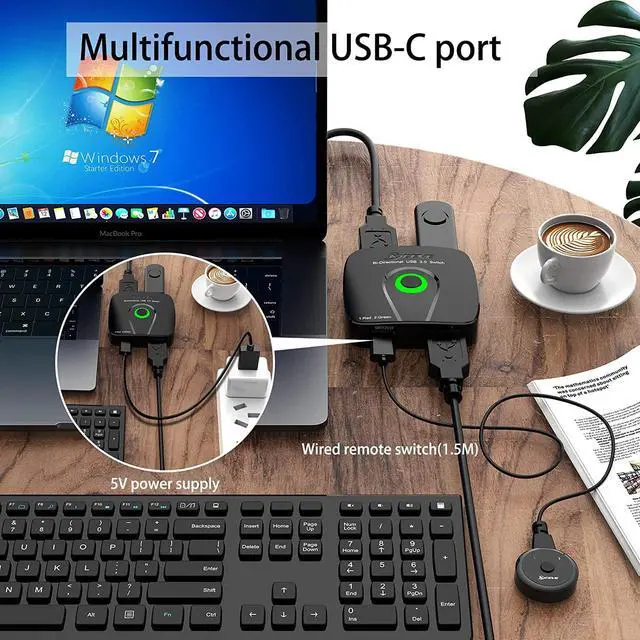 Alt view image 5 of 7 - Bi-directional USB 3.0 Switch Selector, USB Switcher 2 in 1 Out/1 in 2 Out for 2 Computers Share Printer Mouse Keyboard Webcam, with Wired Remote and 2 USB3.0 Cables (Black)