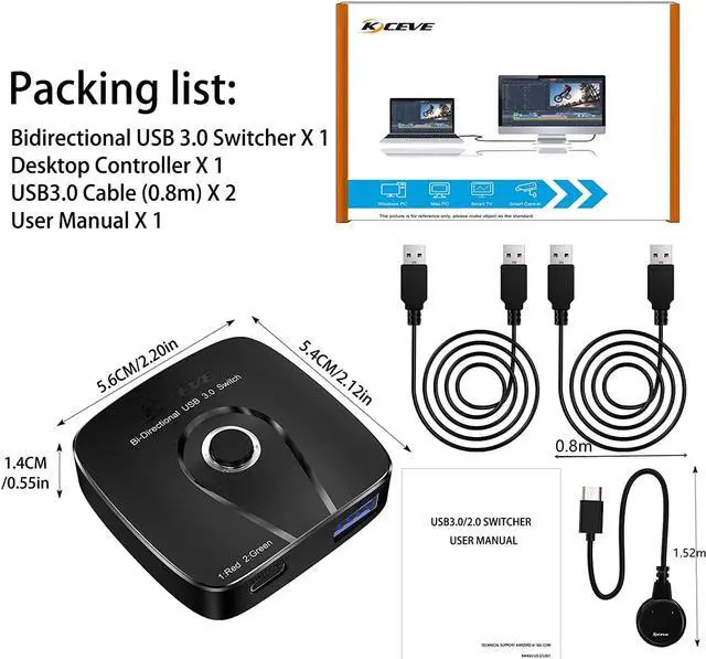 Alt view image 7 of 7 - Bi-directional USB 3.0 Switch Selector, USB Switcher 2 in 1 Out/1 in 2 Out for 2 Computers Share Printer Mouse Keyboard Webcam, with Wired Remote and 2 USB3.0 Cables (Black)