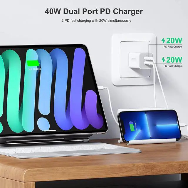 Alt view image 2 of 7 - USB C Wall Charger 40W, 1 Pack Dual Port 20W PD 3.0 Type C Fast Charging Block, Durable Compact Power Adapter for i-P-h-o-n-e 11/12/13/14 /Pro Max, XS/XR/X, i-P-a-d Pro, Android Smartphones (White)