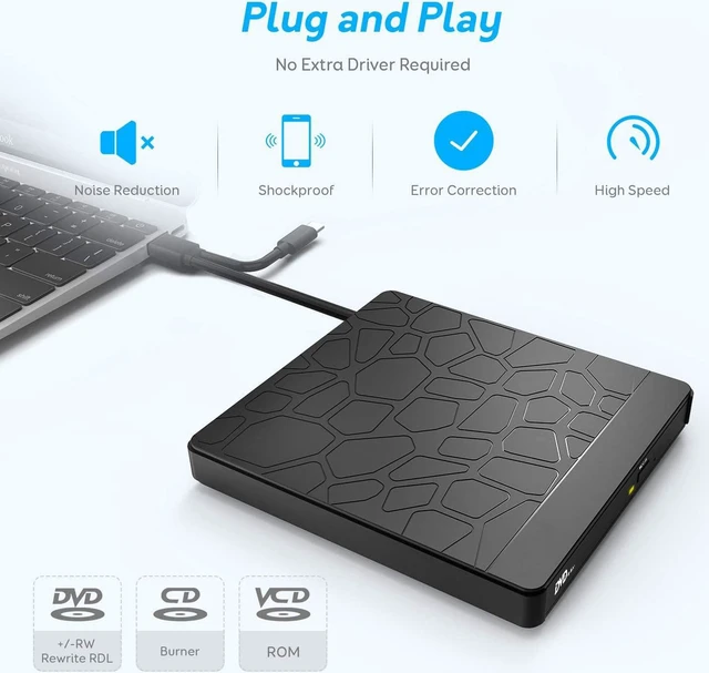Alt view image 2 of 7 - External CD/DVD Drive for Laptop, USB 3.0 Type-C CD DVD +/-RW Burner Optical Disk Drive, Portable CD/DVD ROM Writer Reader with 2 Card Slot& 3 USB Port, for Desktop Windows 10/8/7 Linux Mac OS