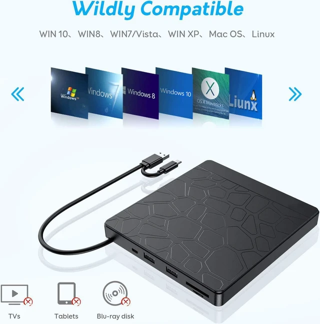 Alt view image 6 of 7 - External CD/DVD Drive for Laptop, USB 3.0 Type-C CD DVD +/-RW Burner Optical Disk Drive, Portable CD/DVD ROM Writer Reader with 2 Card Slot& 3 USB Port, for Desktop Windows 10/8/7 Linux Mac OS
