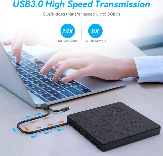 Alt view image 4 of 7 - External CD/DVD Drive for Laptop, USB 3.0 Type-C CD DVD +/-RW Burner Optical Disk Drive, Portable CD/DVD ROM Writer Reader with 2 Card Slot& 3 USB Port, for Desktop Windows 10/8/7 Linux Mac OS