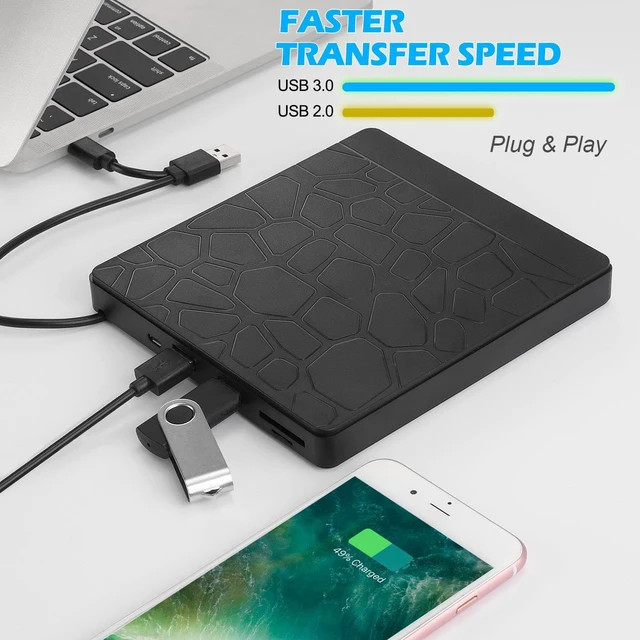 Alt view image 3 of 7 - External CD/DVD Drive for Laptop, USB 3.0 Type-C CD DVD +/-RW Burner Optical Disk Drive, Portable CD/DVD ROM Writer Reader with 2 Card Slot& 3 USB Port, for Desktop Windows 10/8/7 Linux Mac OS