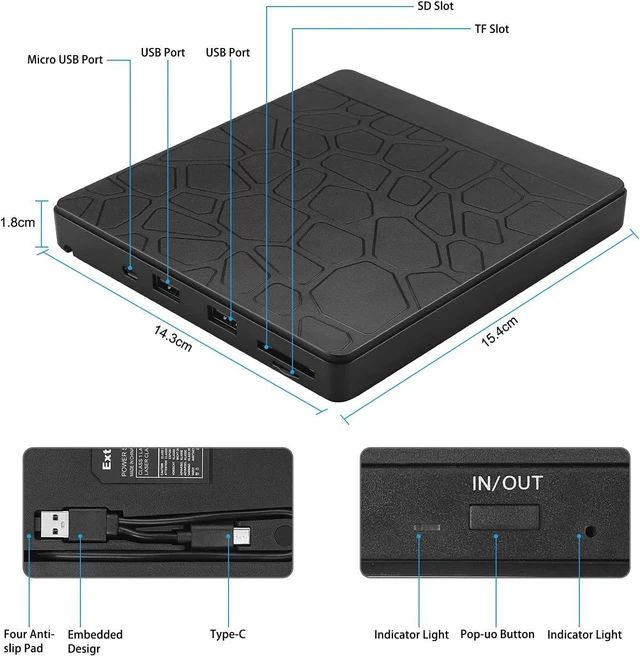 Alt view image 5 of 7 - External CD/DVD Drive for Laptop, USB 3.0 Type-C CD DVD +/-RW Burner Optical Disk Drive, Portable CD/DVD ROM Writer Reader with 2 Card Slot& 3 USB Port, for Desktop Windows 10/8/7 Linux Mac OS