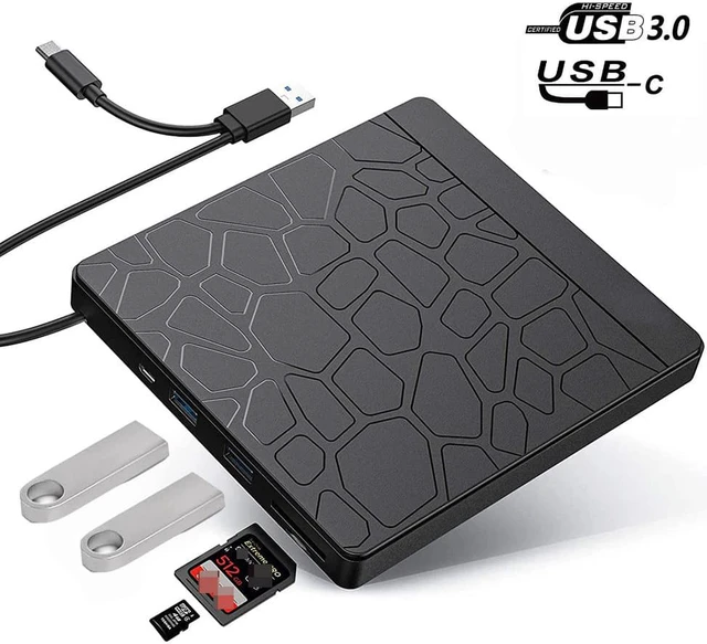 Main image of External CD/DVD Drive for Laptop, USB 3.0 Type-C CD DVD +/-RW Burner Optical Disk Drive, Portable CD/DVD ROM Writer Reader with 2 Card Slot& 3 USB Port, for Desktop Windows 10/8/7 Linux Mac OS