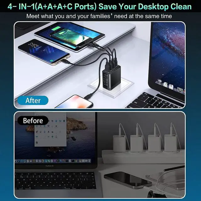 Alt view image 5 of 7 - [4 Pack] USB-C QC 3.0 Wall Charger, 35W 4-Port Quick 3.0+PD 3.0 Power Adapter, USB Fast Plug Charging Block Compatible for iPhone 14/14 Pro//13/12/11, XS/XR/X, Android Smartphones, Tablet PC (Black)