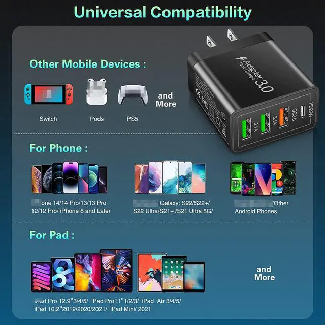 Alt view image 6 of 7 - [4 Pack] USB-C QC 3.0 Wall Charger, 35W 4-Port Quick 3.0+PD 3.0 Power Adapter, USB Fast Plug Charging Block Compatible for iPhone 14/14 Pro//13/12/11, XS/XR/X, Android Smartphones, Tablet PC (Black)