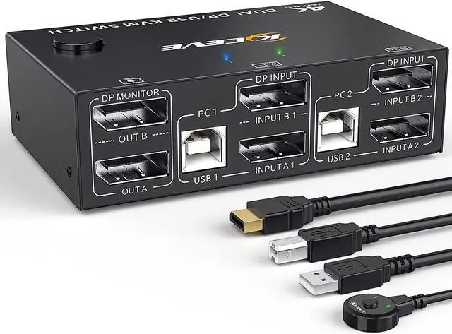 Main image of DP KVM Switch 2 PC 2 Monitors, 4K @144Hz Extended Display, 2 Ports DisplayPort KVM Switch 2 monitors for 2 computers, keyboard, mouse, printer, KVM USB Switch for 4 USB devices with DP and USB cable