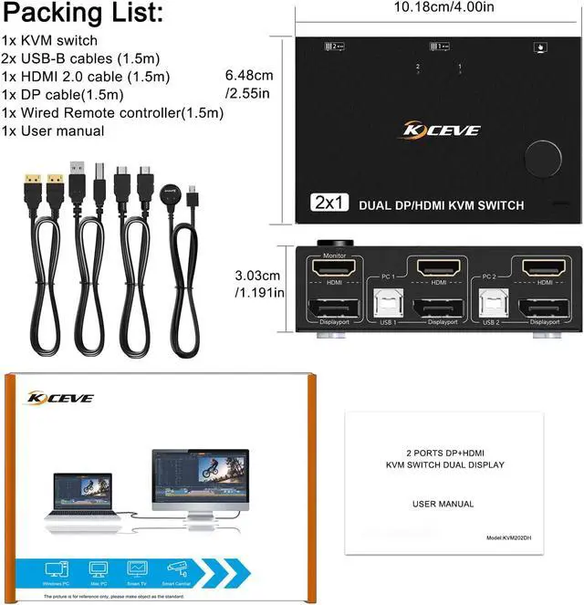 Alt view image 7 of 7 - 2 Port Dual Monitor Displayport HDMI KVM Switch 4K@60Hz, HDMI DP Extended Display Switcher for 2 Computers Share 2 Monitors (DP+HDMI Port) with 4 USB 2.0 Hub, Desktop Controller and USB HDMI DP Cables